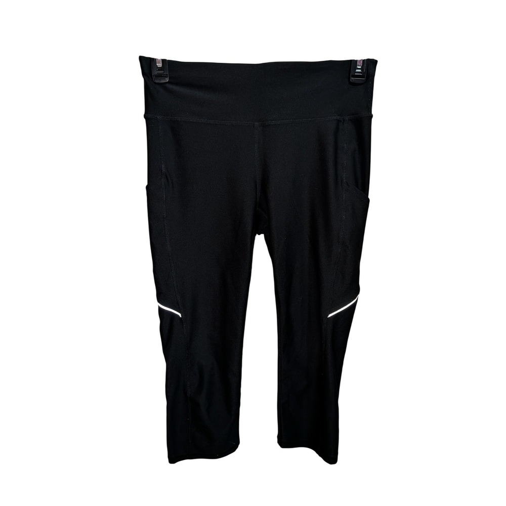 Xersion Womens‎ Black Capri Leggings Side Pockets Reflective Trim Athletic Pants